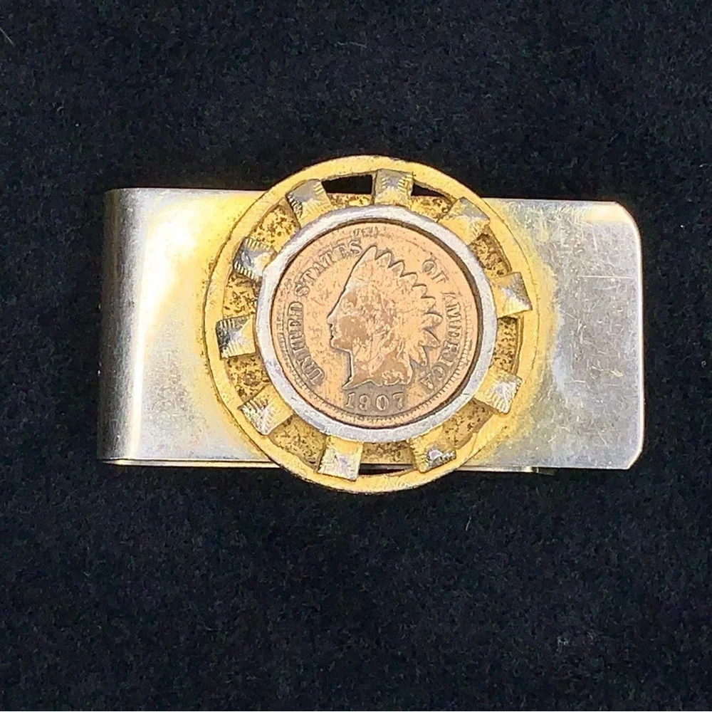 Vintage 1907 Indian Head Penny Silver Gold Tone Money Clip Men Gift Western